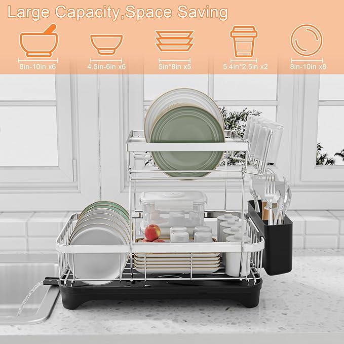 Dish Drying Rack - 2-Tier 304 Stainless Steel Dish Rack for Kitchen Counter, Adjustable Spout Auto-Draining Dish Rack, Kitchen Organizers and Storage Rack with Drainboard and Cutlery Holder Black