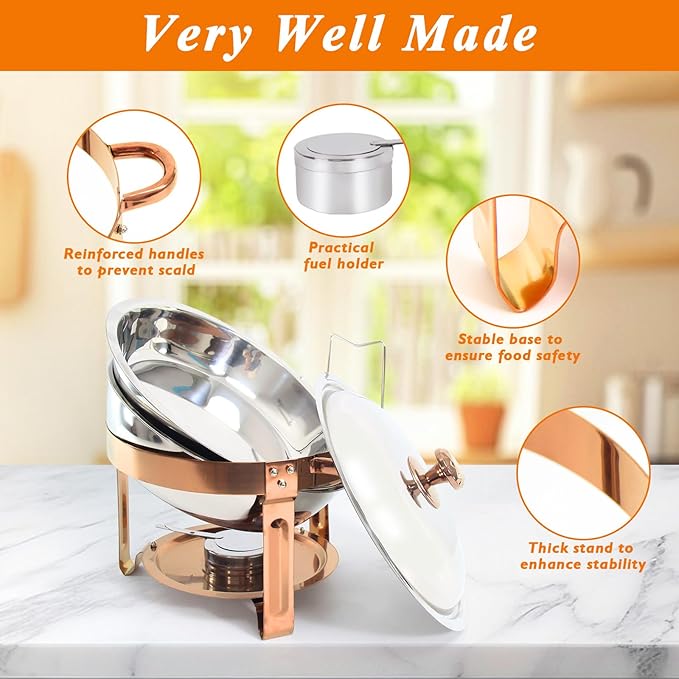 2-Pack Round Chafing Dishes for Buffet, 5QT Stainless Steel Buffet Chafing Set for Catering, Parties & Events-Rose Gold