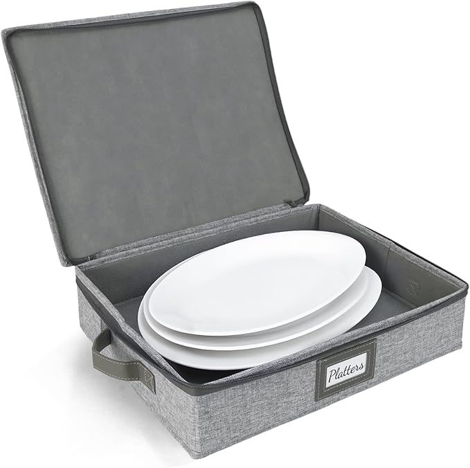 HOMELUX THEORY Platter Storage, Light Gray Hard Shell China Storage Containers With 5 FeltPads, Kitchen Storage Bins With Lids, Heavy Duty Moving Box for Packing Dishes, Dinner Plate,& Dinnerware
