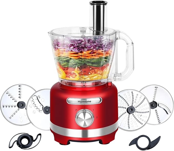Homtone 16 Cups Food Processor, Extra Large Food Processors for Shredding, Slicing, Doughing and Chopping, 6 Blades 8 Functions for Home Use, 3 Speed, 600W, Red