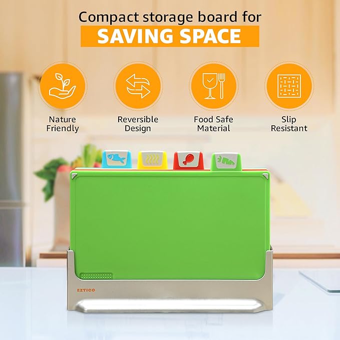 Cutting Board Set: 4-Piece Color-Coded, Non-Slip, BPA-Free, Perfect kitchen essentials for new home, Dishwasher Safe with Premium Scissors and Chopping Board Organizer, Quality kitchen stuff.