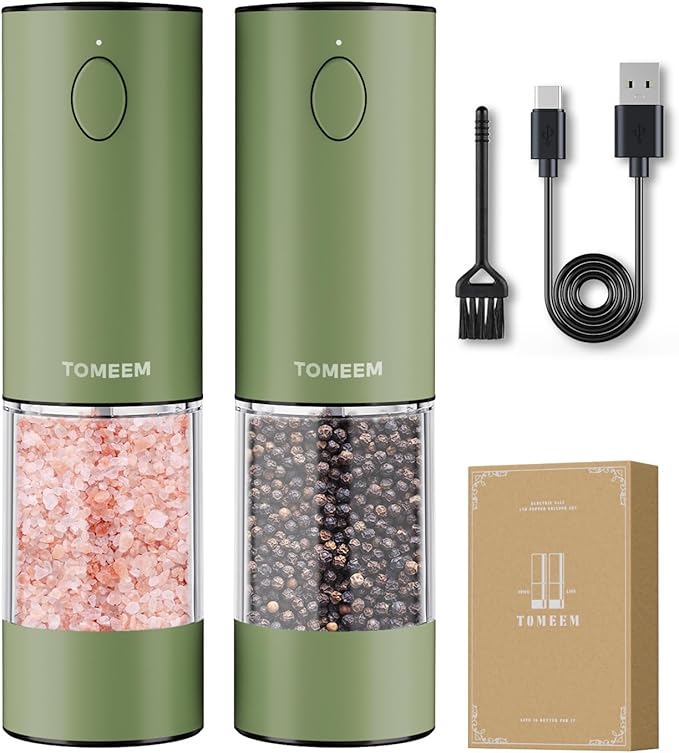 TOMEEM Upgraded Larger Capacity Electric Salt and Pepper Grinder Set Rechargeable with LED lights, Stainless Steel Automatic Pepper and Salt Grinder Refillable with 5 Adjustable Coarseness Green