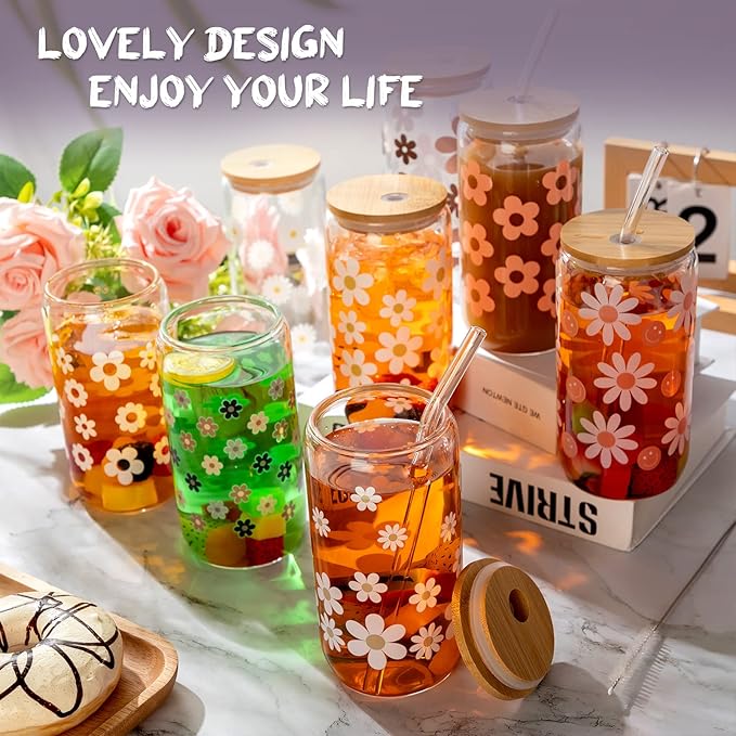 meekoo 8 Pcs Glass Cups with Bamboo Lids and Straws 16 oz Beer Can Shaped Iced Coffee Drinking Cup Employee Appreciation Gift for Wine Tea Water - 4 Cleaning Brushes(Daisy)