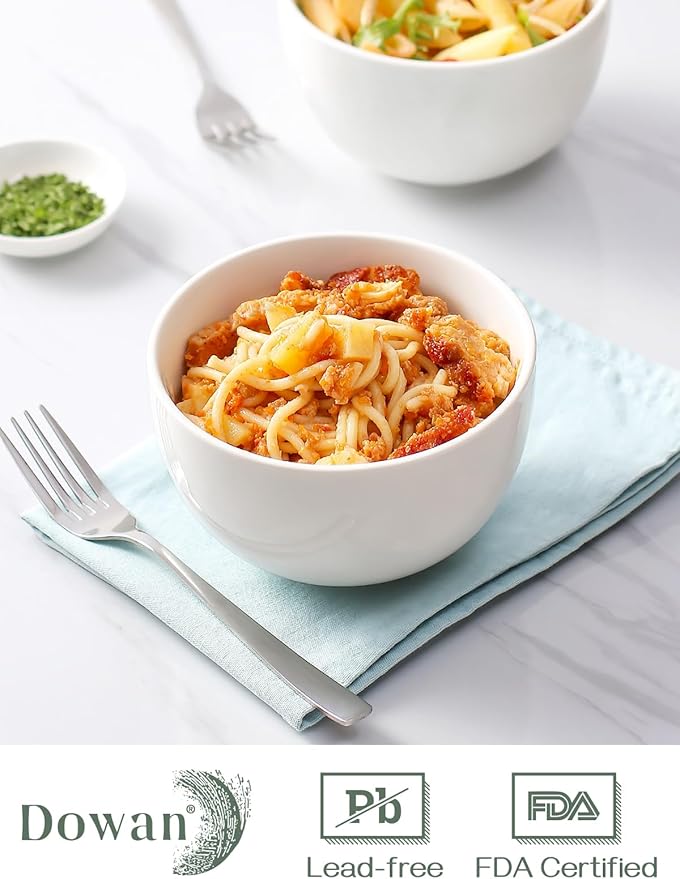 DOWAN 5.8" Deep Soup Bowls & Cereal Bowls - 30 Ounces Large Bowls Set of 4 for Kitchen - White Ceramic Bowls for Cereal, Soup, Oatmeal, Salad, Ramen, Noodle, Rice - Dishwasher & Oven Safe