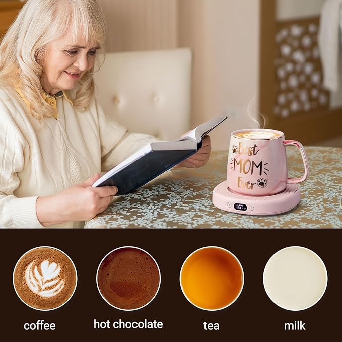 Coffee Mug Warmer & Best MOM Ever Mug Set, Electric Cup Warmer for Desk, Beverage Warmer with 4 Temperature Setting, 8H Auto Shut Off, Mom Gifts from Daughter Son