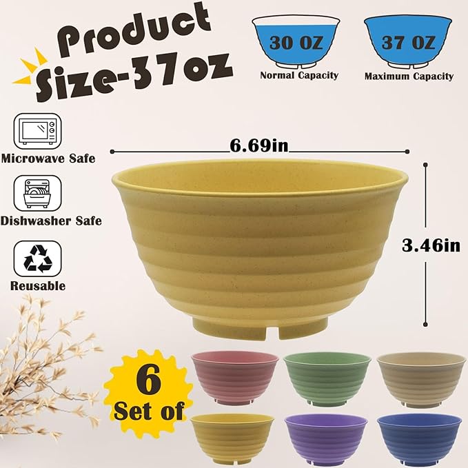 Cereal Bowls Set, 37oz Unbreakable Wheat Straw Bowls Set, 6 Pcs Reusable Plastic Soup Bowls, Deep Lightweight Bowl Sets