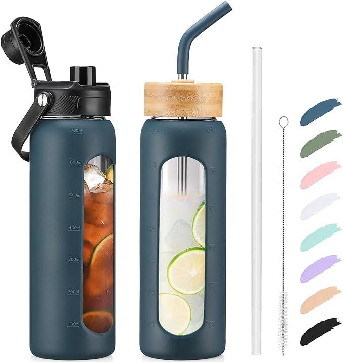 Kodrine Water Bottle with Straw, 24 oz Glass water Bottle with 2 Lids Bamboo Straw Lid and Spout Lid with Handle, 32 oz Clear Water Bottle Glass for Sports Travel, Waterbottle with Time Marker