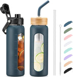 Kodrine Water Bottle with Straw, 24 oz Glass water Bottle with 2 Lids Bamboo Straw Lid and Spout Lid with Handle, 32 oz Clear Water Bottle Glass for Sports Travel, Waterbottle with Time Marker