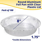 IDL Packaging 9" Round Aluminum Foil Pans with Dome Lids (Pack of 100) - Disposable Aluminum Container with Clear Plastic Lids - Great for Baking, Cooking, Serving