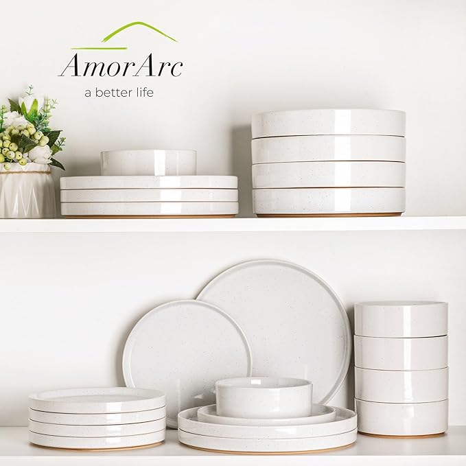 AmorArc Ceramic Dinner Plates Set of 6, 10.25 Inch Stoneware Plates for Kitchen,Modern Flat Dinnerware Dishes Set,Microwave& Dishwasher Safe, Scratch Resistant-White