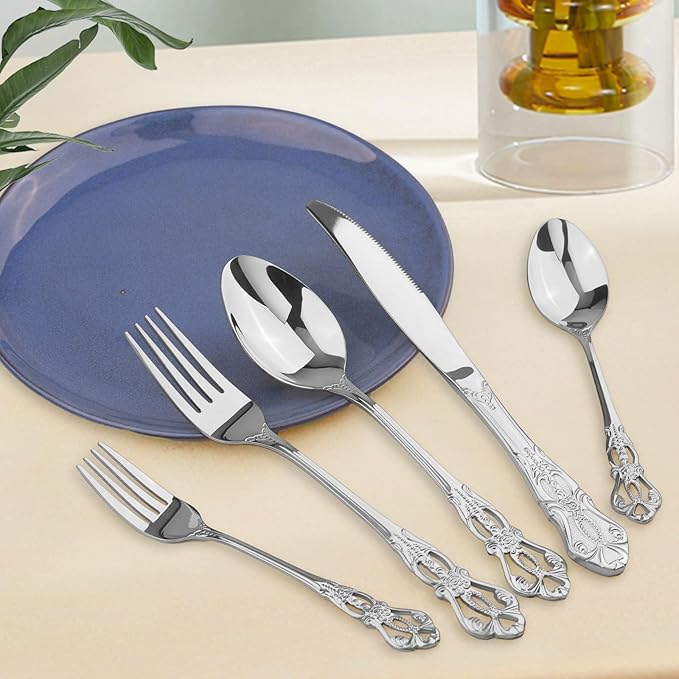 Retro Royal Silverware Set With Gift Box, 20-Pieces Cutlery Set Utensils Stainless Steel Flatware For 4 MIKIWAY Kitchen Tableware Set For Gifts Festive, Dishwasher Safe, Mirror Polishing
