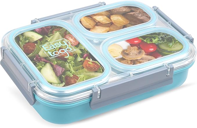 Large Stainless Steel Bento Box for Adults – 3 Compartment, 40oz Meal Prep Lunch Box with Lid, Reusable Snack Container for Men & Women, Dishwasher Safe, Blue
