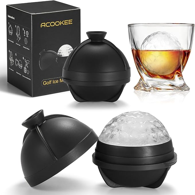 Novelty Golf Ball Ice Maker Mold Set of 2, Funny Golf Gifts for Men Golfers, Golf Accessories for Men, 2.5" Large Sphere Round Whiskey Ice Cube Molds for Bourbon, Cocktails