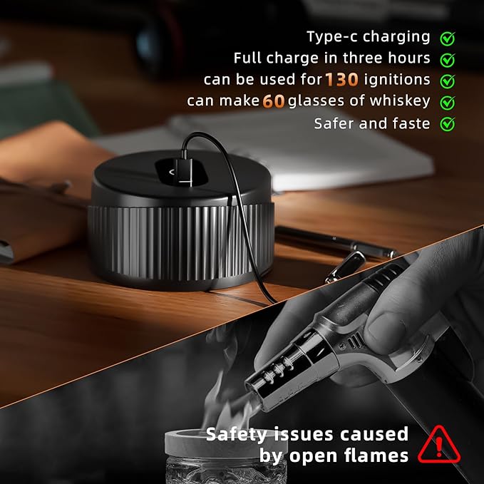 Electric Whiskey Smoker Kit with 6 Flavors Wood Chips, Built-In Lighter Ignites, No Butane Required, Rechargeable Cocktail Drink Smoker Kit, Birthday Bourbon Gifts, Father's Day Gifts for Men-Black