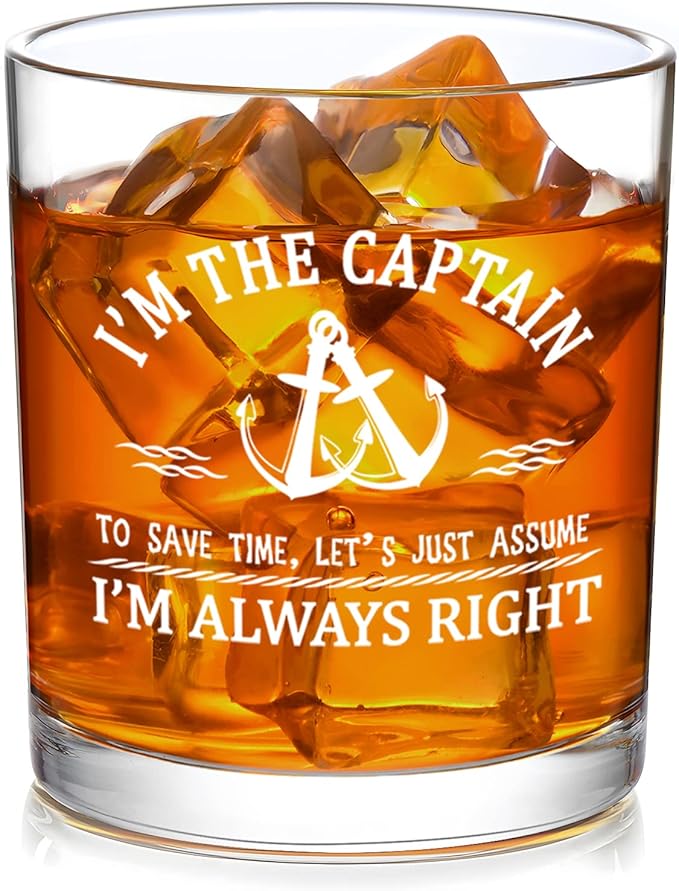 Futtumy Captain Gifts, I'm The Captain & I'm Always Right Whiskey Glass for Dad Father Men Uncle Boater Lover Boat Owner Fathers Day Christmas Birthday, Boater Gifts for Men, 10 oz