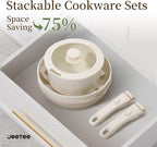 JEETEE Pots and Pans Set Non Stick 17pcs, Kitchen Cookware Sets with Detachable Handle, Induction Nonstick Cookware Set with Removable Handle, Stackable RV Cookware, Oven Safe, PFAS/PFOA Free, Beige