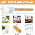 Grandpa Gifts from Grandkids, Fathers Day Grandpa Gift Heavy Duty Wooden BBQ Grilling Accessories Kit for Backyard, Thick Stainless Steel Grill Utensils with Non-Slip Handle Tools in Portable Bag