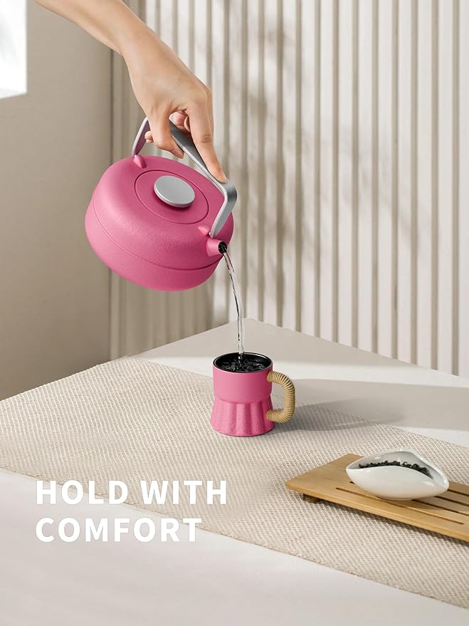 Toptier Teapot with Removable Infuser, Cast Iron Tea Kettle Stovetop Safe, Solid Geometry Cylinder Design Tea Pot Coated with Enameled Interior for 27 Ounce (800 ml), Rose Red