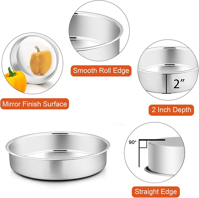 P&P CHEF Cake Pan Set of 4, Stainless Steel Baking Round Cake Pans Tins Bakeware for Birthday Wedding, Leak-proof & Easy Clean, Mirror Finish & Easy Releasing, 9.5 Inch
