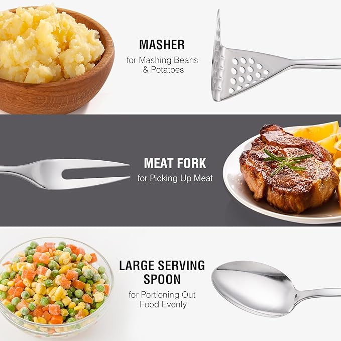 Stainless Steel Cooking Utensils 7PCS Kitchen Utensils Set, Heat Resistant Handle Utensils Set Included Ladle, Meat Fork, Slotted Spatula, Pasta Fork, Masher, Solid Spoon, Skimmer Spoon