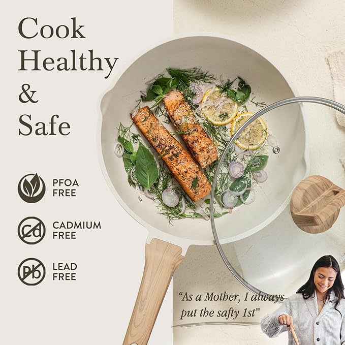 CAROTE 12Inch Nonstick Deep Frying Pan with Lid, 5.5 Qt Jumbo Cooker Saute Pan with Pour Spout, Skillet Induction Cookware, Non Stick Cooking Pan Kitchen Pan PFOA Free, White Granite