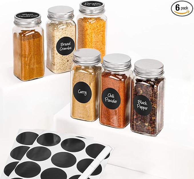 6Pcs Spice Jars with Label, 4oz Empty Square Seasoning Containers, Spice Jars with Shaker Lids, Small Spice Bottles for Salt, Herbs, Sugar, Pepper, Seasoning Jars for Spice Rack, Cabinet, or Drawer