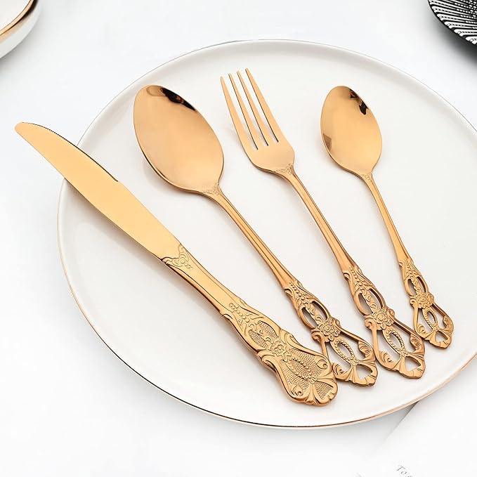 Royal 24-piece Rose Gold Mirror Silverware Dinnerware, 18/10 Stainless Steel Luxury Flatware Service For 6 Tableware Ideal For Wedding Home Restaurant, Dishwasher Safe
