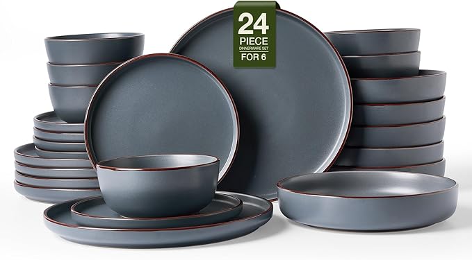 Famiware Mercury Dinnerware Sets with Pasta Bowls, Service for 6 (24 Pieces), Stoneware Plates and Bowls Sets, Microwave and Dishwasher Safe Dishes Set, Charcoal