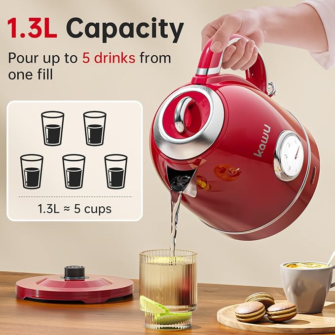Kawu Electric Kettle, 1.3L/1.4QT Retro Electric Kettle Hot Tea Water Boiler with 304 Stainless Steel Inner, 1000W Fast Boiling Kettle with Boil-Dry Protection, Auto Shut Off, Keep Warm, Food Grade