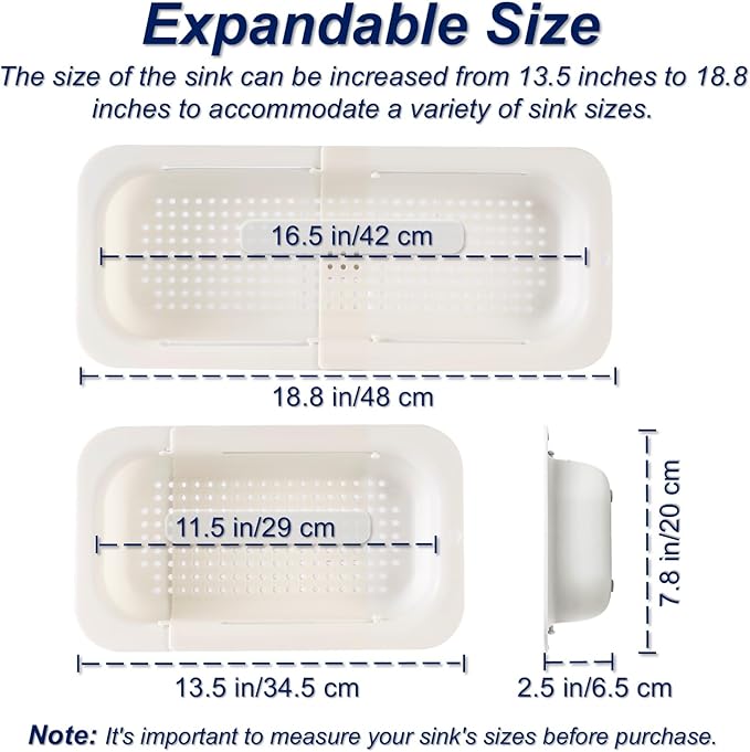 Extendable Sink Colander Strainer Basket - Wash Vegetables and Fruits, Drain Cooked Pasta and Dry Dishes - Adjustable Over the Sink Colander Collapsible Drainer Basket - White