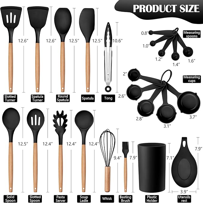 HaWare Kitchen Cooking Utensils Set, 23-Piece Silicone Kitchen Utensils Spatula Set with Holder, Heat Resistant Wooden Handle Kitchen Gadget for Nonstick Cookware, Food-grade Turner Spoon Sets (Black)