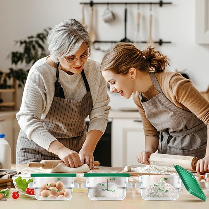 6 pcs 2qt Food Storage Containers with Lid, Square Clear Commercial Storage Containers with Handle and Scale for Food Storage in Home Kitchen & Dining (Green)