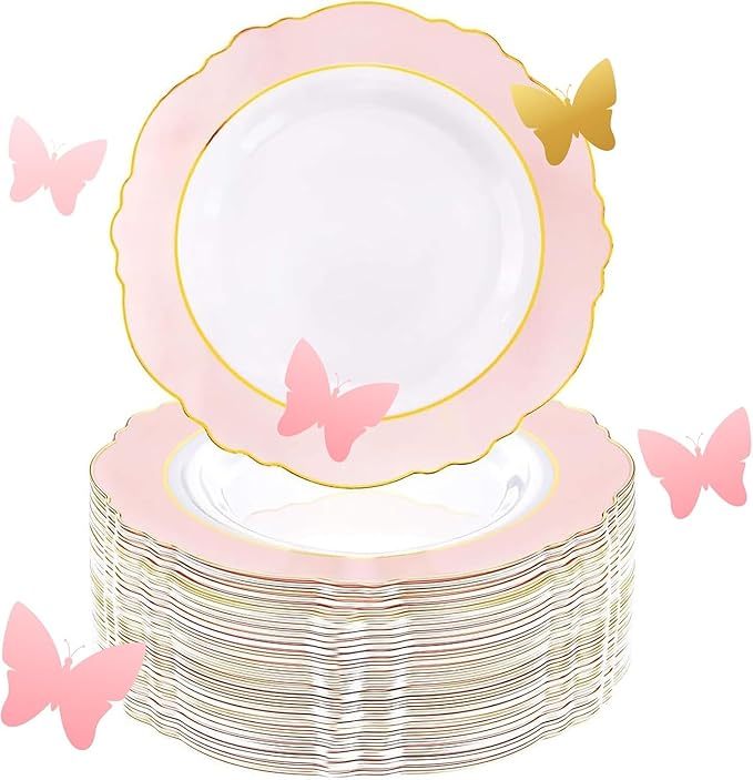 WDF 60pcs Pink Plastic Plates - 10.25inch Baroque Pink And Gold Disposable Dinner Plates for Upscale Parties -Special for Wedding, Party,Birthdays, Baby Shower