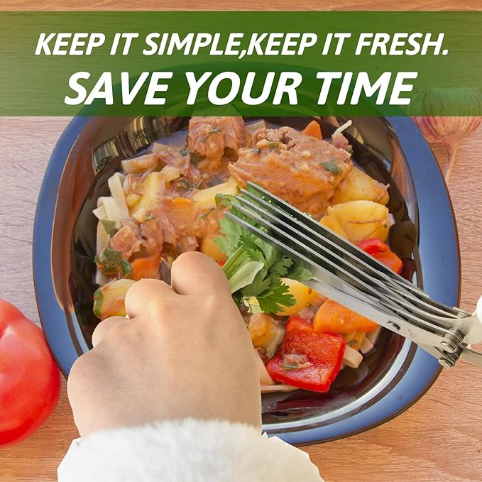 Herb Scissors SaladScissors, Upgrade HerbScissors with 5 Blades and Cover + 2 Brush, Kitchen SaladScissors with Herb Stripping, MultiScissors HerbCutter, Smart Cutter FoodScissors Chopper, Green