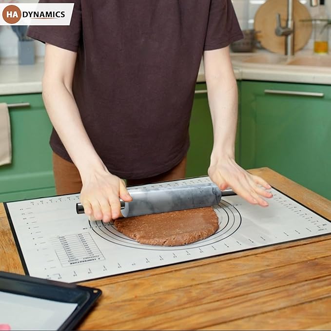 Professional Marble Rolling Pin for Dough - Solid Precise Pizza Dough Roller Marble Rolling Pin for Baking including Silicone Baking Mat, Steel Dough Scraper, Wooden Cradle - Gift for Bakers