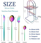 24-Piece Mirror Rainbow Cutlery Set, Snplowum Stainless Steel Flatware Hanging Tableware Silverware Set Include Knife/Fork/Spoon/Teaspoon and Storage Rack For Daily Use, Service For 6