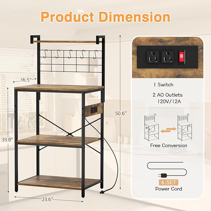 YESHOMY Kitchen Baker’s Rack with Power Outlet, 4-Tier Microwave Stand, Coffee Bar with 5 S-Shaped Hooks, Heavy Duty Storage Shelf Unit for Spices, Pots, Rustic Brown