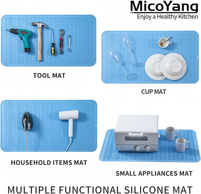 Silicone Dish Drying Mat for Multiple Usage,Easy clean,Eco-friendly,Heat-resistant Silicone Mat for Kitchen Counter or Sink,Refrigerator or Drawer Liner Light Blue 3XL 28 inches x 18 inches