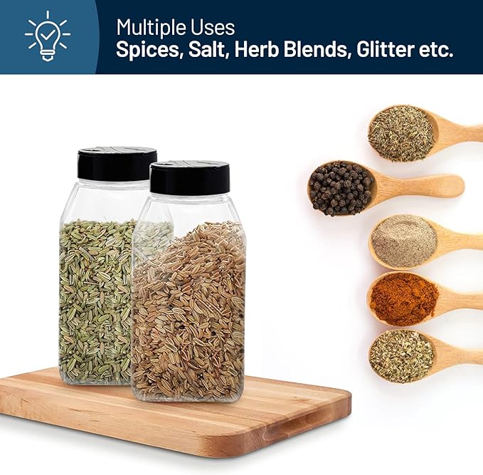 ROYALHOUSE 6 PACK 32 Oz with Black Cap, Plastic Spice Jars Bottles Containers, Perfect for Storing Spice, Herbs and Powders, Lined Cap, Safe Plastic, PET, BPA free, Made in the USA