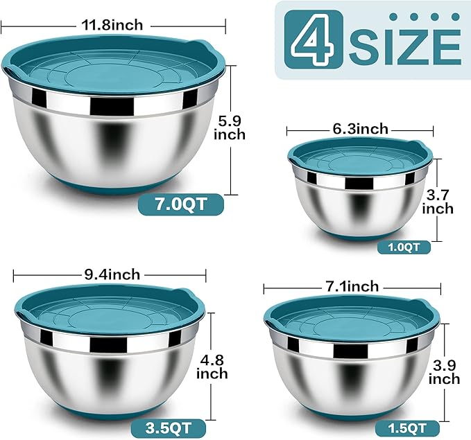 LIANYU Mixing Bowls with Airtight Lids, 14-Piece Stainless Steel Large Metal Nesting Bowl Set with Silicone Bottom, Size 4.6, 3, 1.5QT, Perfect for Baking Preparing and Cooking, Dark Blue