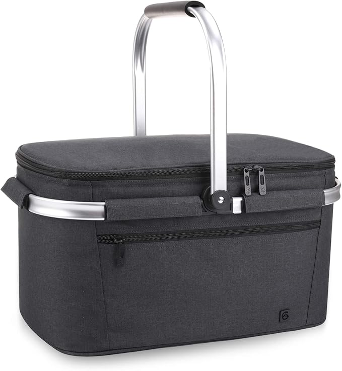 ALLCAMP Large Picnic Basket 32L Shopping Basket Grocery Bags Folding Insulated Strong Aluminum Frame Market Basket(Large Jet Black)