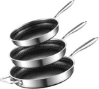 8-10-12 Inch Non Stick Frying Pans, NonStick Stainless Steel Pan Set, Tri-Ply Skillets and Pan Set, Induction Cooker Compatible, Cool-Touch Handle, Dishwasher and Oven Safe