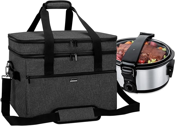 Yarwo Slow Cooker Bag Compatible with Crock-Pot/Hamilton Beach 8-10 Quart, Double Layers Slow Cooker Travel Carrier Case for Kitchen Appliance and Accessories, Black (Bag Only)