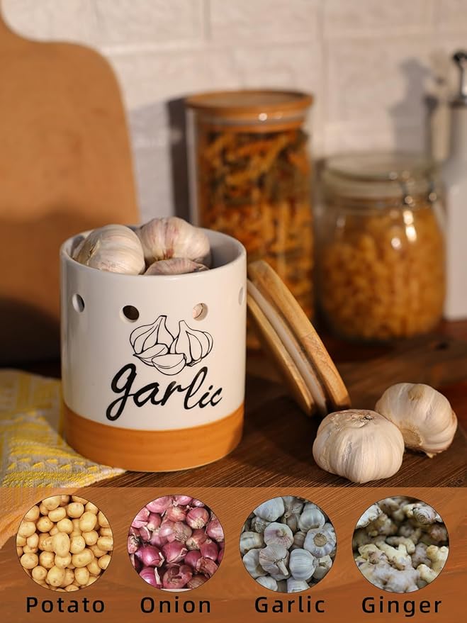 Large Garlic Keeper with Wood Lid, Ceramic Garlic Container for Counter,Garlic Saver to Keep Your Garlic Cloves Fresh Longer, 31 oz White/Brown