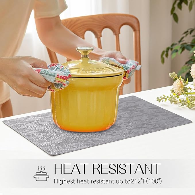 Romanstile Vinyl Placemats Set of 6-12 X 18 Inch - Heat Resistant Non-Slip Embossed Floral Place Mats 100% Waterproof Oilproof Wipeable Faux Leather Table Mats for Kitchen/Dining/Party, Grey