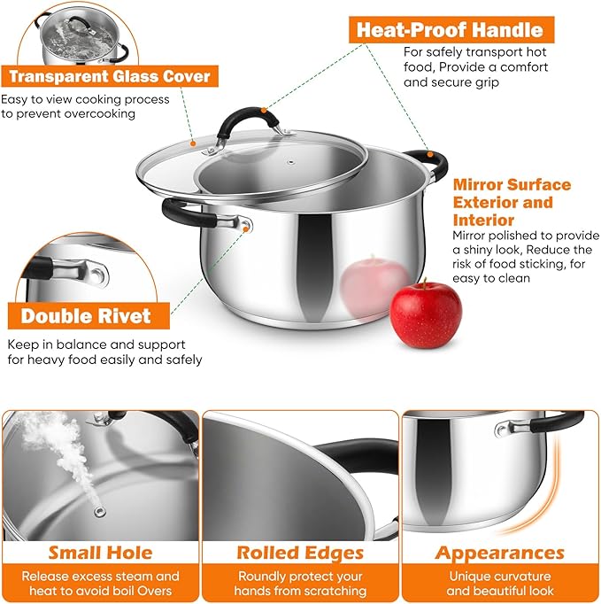 P&P CHEF Stainless Steel Stock Pot, 6 Qt Cooking Soup Pot with Visible Lid for Pasta, Tri-Ply Bottom & Dual Heatproof Handles, For Induction Gas All Stoves, Non-Toxic & Dishwasher Safe