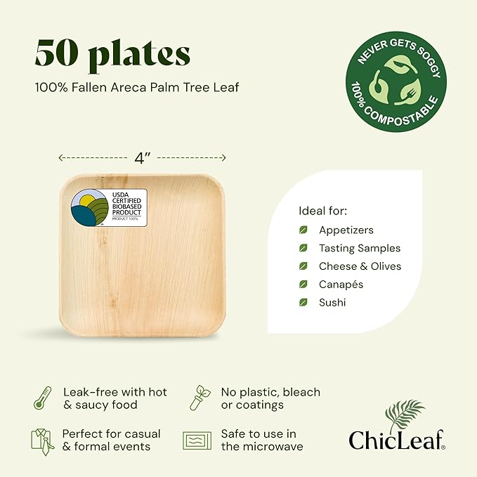 Chic Leaf Compostable & Biodegradable Palm Leaf Disposable Bamboo Plates - Disposable Party Plates for Appetizers - Party Supplies (4'' - 50 Pack)