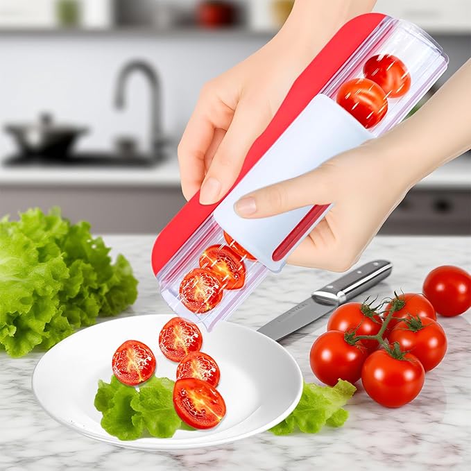 Tomato Slicer, Multi-Purpose Grape Slicer Kitchen Gadget, Tomato, Cherry, Fruit Cutter Fruit Tools into 2 Pieces (Red)