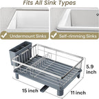 Dish Drying Rack - Small Dish Rack for Kitchen Counter, Stainless Steel Dish Drainer with Utensil Holder and Drainboard (Silver)