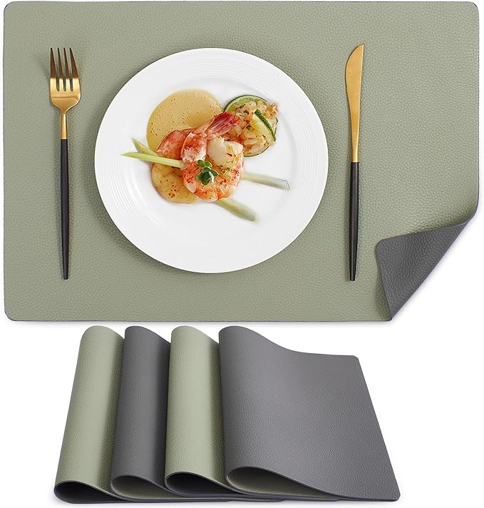 MOSAYT Vinyl Placemats Set of 4, Heat Resistant Place Mats 100% Waterproof Washable & Wipeable Faux Leather Reversible Table Mats for Kitchen Dining Party Outdoor, 12" x 17", Light Grey/Sage Green